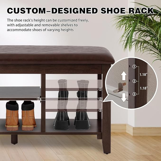 PY HOME & SPORTS Shoe Rack for Entryway 47": 2-Tier Shoe Storage Bench, Adjustable/Removable Shelves, Rubberwood Shoe Benches for Hallway, Porch, Bathroom, Brown