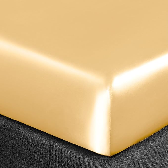 Homiest 4pcs Satin Sheets Set Luxury Silky Satin Bedding Set with Deep Pocket, 1 Fitted Sheet + 1 Flat Sheet + 2 Pillowcases (Queen Size, Gold)