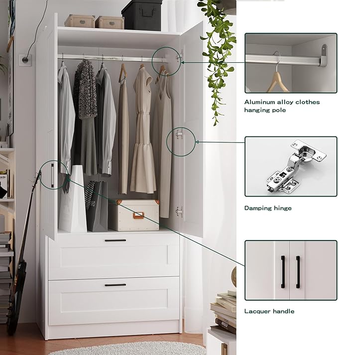 Fenghua Lizhi Wood White Wardrobe Closet with 2 Doors and 2 Drawers，Bedroom Freestanding Armoire Storage Cabinet with Shelves，Wooden Wardrobe Combination for Hanging Clothes (White 2 Drawers)