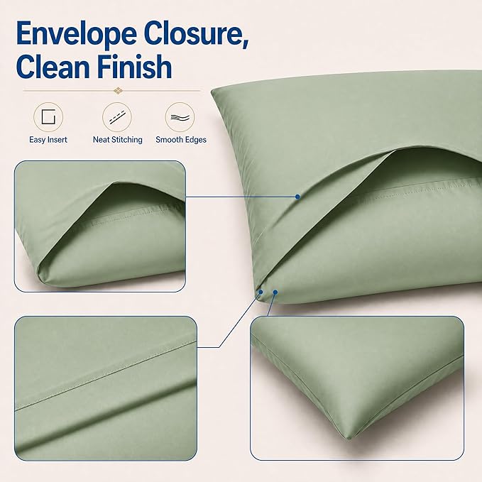 ZPECC Pillow Cases Standard Size Set of 4, 20x26 Envelope Closure Pillowcases, Soft Plain Brushed Microfiber Covers Hypoallergenic Breathable, Sage Green
