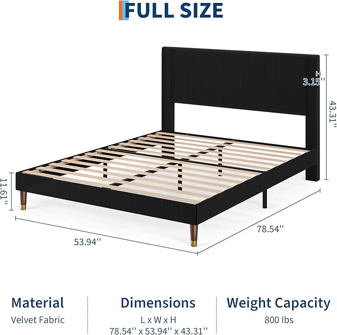 GarveeHome Full Size Bed Frame with Upholstered Headboard and Strong Wooden Slats Support, Soft Corduroy Fabric Platform Bed, No Boxing Spring Needed, Easy Assembly, Black