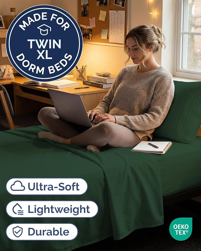 Twin XL Size 3 Piece Sheet Set - Comfy Breathable & Cooling Sheets - Hotel Luxury Bed Sheets for Women & Men - Deep Pockets, Easy-Fit, Soft & Wrinkle Free Sheets - Emerald Green Oeko-Tex Bed Sheet Set