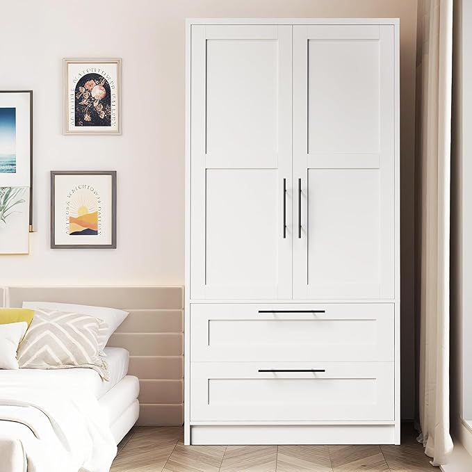 Garvee Armoire Wardrobe Closet with 2 Drawers, 70 in Tall Clothing Storage Cabinet with 2 Doors, Modern Bedroom Clothing Armoires with Hanging Rods, White