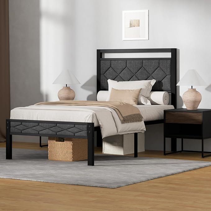 Z-hom Easy Assembly Upholstered Platform Bed Frame with Soft Padded Headboard, Modern Linen Fabric Mattress Foundation, No Box Spring Needed, Noise-Free & Sturdy Metal Support, Full Size (Grey)