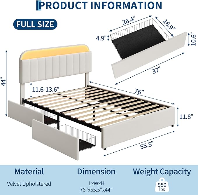 Garvee Full Size Bed Frame with 2 Flexible Drawers, Velvet Upholstered Platform Bed Frame with Bookcase Headboard and LED Lights, Kids Bed for Girls, Easy Assembly, Noise Free, Beige