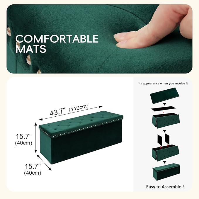 PINPLUS Storage Ottoman Bench for Bedroom, Green Ottoman Folding Velvet Chest with Benches Foot Rest Stool, Large Long Foldable Chest for Entryway Living Room, 43.3"x15.7"x15.7"