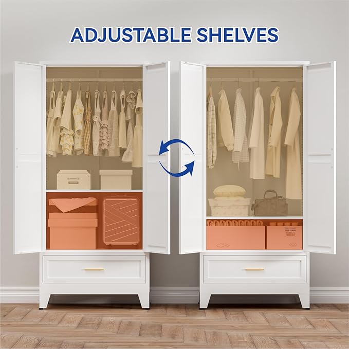 COFaR Metal Wardrobe Closet with Doors, 71'' Tall Farmhouse Bedroom Armoires with Drawer and Hanging Rod, Freestanding Steel Wardrobe Cabinet Coat Closet for Bedroom Home Office, White