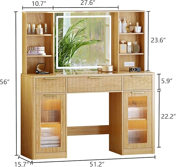 51" Large Vanity,Modern Fluted Makeup Vanity Desk with Mirror and Lights, Glass Top Vanity with 3 Drawers and 2 Cabinets&Charging Station,Dressing Table for Women and Girls’ bedrooms. Oak