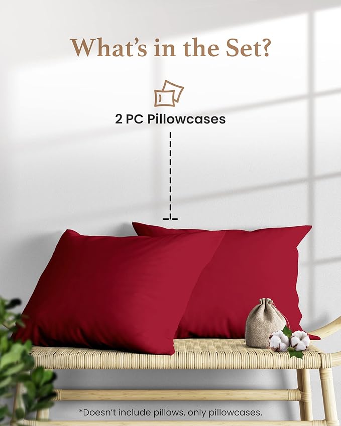 1000 TC Burgundy Standard Pillowcases Set of 2 100% Egyptian Cotton Pillow Cases with Long Staple Cotton & Sateen Weave, Silky Soft Hotel - Like Bed Pillow Covers for Comfy Sleeping, Snug Fit