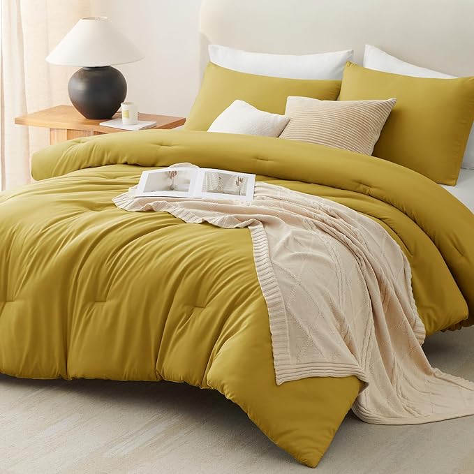 CozyLux Queen Comforter Set Mustard Yellow, 3 Pieces Solid Comforters Queen Size Breathable Bedding Sets, Luxury Soft Lightweight Bed Set with Down Alternative Comforter and 2 Pillowcases All Seasons