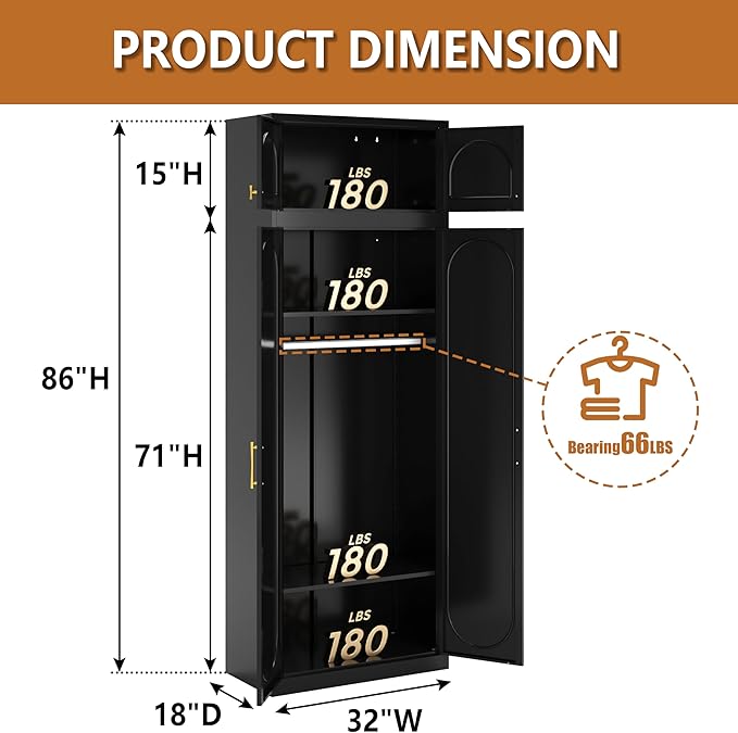 Polup Metal Armoire Wardrobe Closet, 86 Inch Tall Freestanding Wardrobe Cabinet with Hanging Rod, Bedroom Armoires with Doors, 18" D x 32" W x 86" H, Black, Assemble Required, Shipped in Two Packages