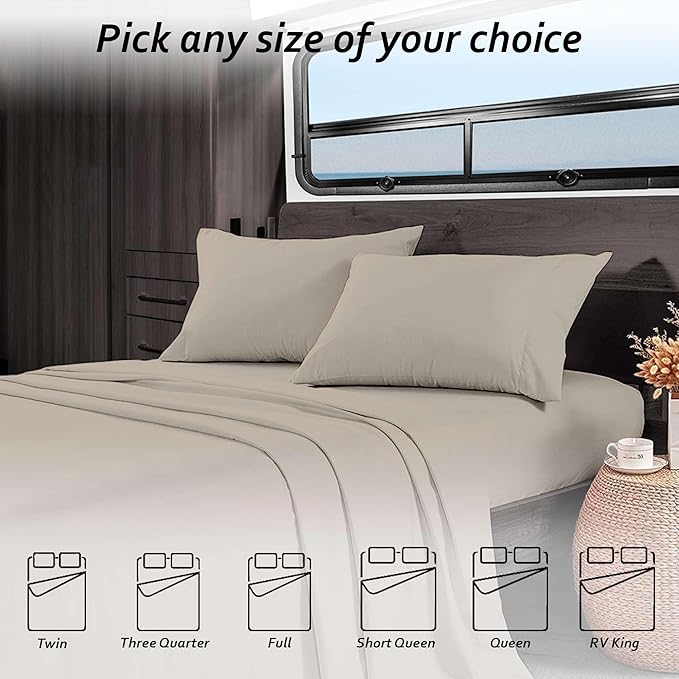 Rajlinen Short Queen RV Camper Sheet Set (60x75) – 100% Egyptian Cotton, Soft & Cooling, 16” Deep Pocket Fitted Sheet, Luxury Hotel Quality Bedding for RVs, Campers & Motorhomes (Beige Solid)
