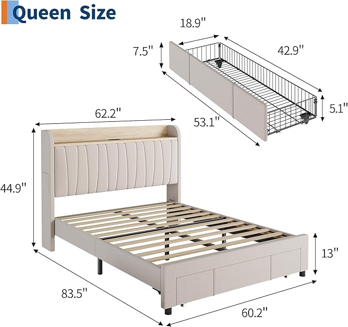 GarveeHome Upholstered Bed Frame with Storage Headboard and Charging Station, Platform Bed Frame with Drawers, Heavy Duty, No Box Spring Needed, Easy Assembly, Beige, Queen Size