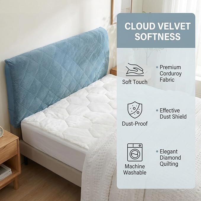 Corduroy Headboard Cover—Stretch-Quilted, Padded Dust-Proof Protective Cover (Fits Queen/King Beds), Machine-Washable Decorative Headboard Cover (Blue, 63x27.5 inches)