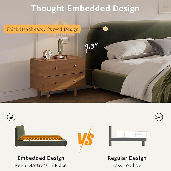 Merax California King Size Teddy Fleece Thick Fabric Upholstered Platform Bed with Curved Shaped Headboard, Wood Bed Frame with Solid Round Legs for Kids Teens Adults, Olive Green