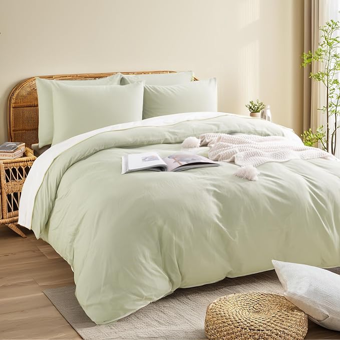 NEXHOME PRO Duvet Cover Set Super Queen 92"x98" Linen Feel Textured Organic Natural 100% Washed Cotton Duvet Cover 3 Pieces Bedding Set Zipper Closure, Breathable, Mint Green (No Comforter)