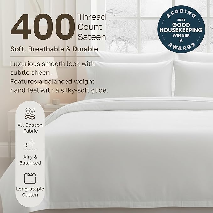 California Design Den Striped White Duvet Cover Queen/Full Only - Premium 400 Thread Count 100% Cotton Duvet Cover Queen, Sateen, Queen Comforter Cover, Button Closure and Corner Ties (Striped White)