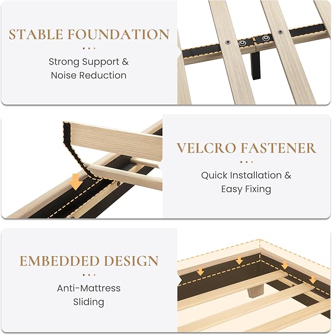SHA CERLIN Upholstered King Size Bed Frame with Adjustable Headboard, Stable Mattress Foundation, Strong Back-Support, No Box Spring Needed, Beige