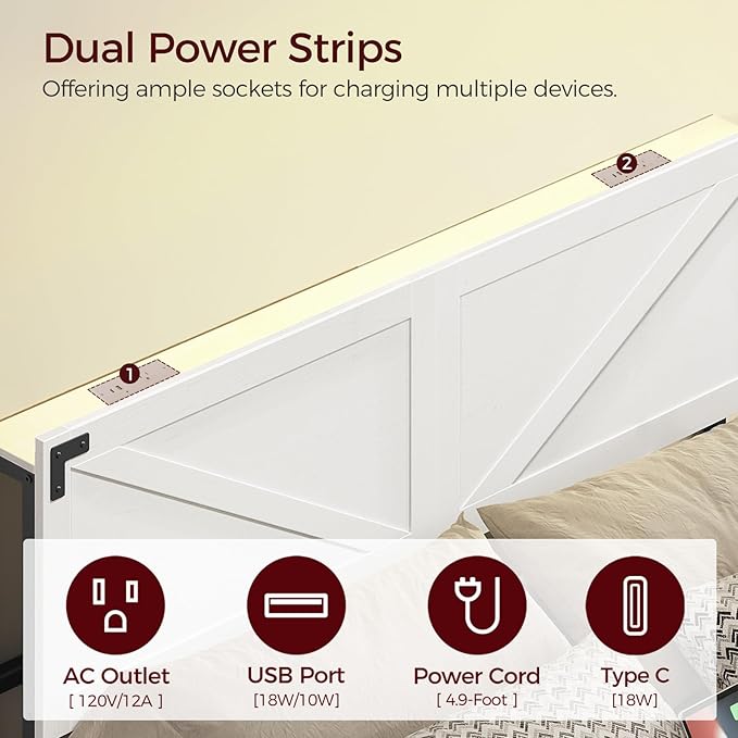 MAHANCRIS King Size Headboard Only, Headboard with 2 Outlets and 2 USB Ports, Farmhouse Headboard, with LED Lights, Secure Storage with Raised Fence, with Bed Frame Adapter, White and Black