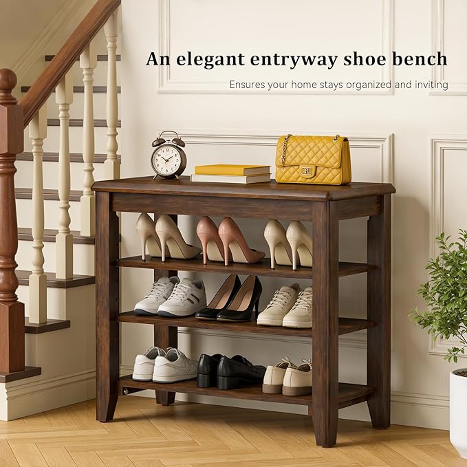 Taitiy Shoe Bench Storage Rubberwood, Entryway Bench with 3-Tiers Height Adjustable, Shoe Rack Front Door Entrance Organizer for Hallway Living Room, Mudrooms, Walnut,23.6"