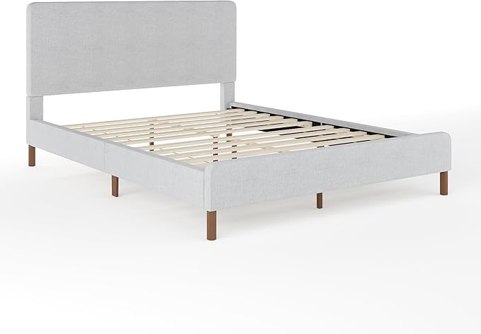 Martha Stewart Britta Platform Bed with Headboard & Footboard, Faux Linen Upholstery with Piping Detail, Rounded Headboard, No Box Spring Needed, Queen, Gray