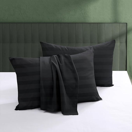 100% Egyptian Cotton Pillow Protectors Set of 2, 600 Thread Count Standard Size Bed Pillow Cases with Zipper, Sateen Weave Cooling Pillow Cases Quiet and Breathable Easy Care (2PCS, Striped Black)