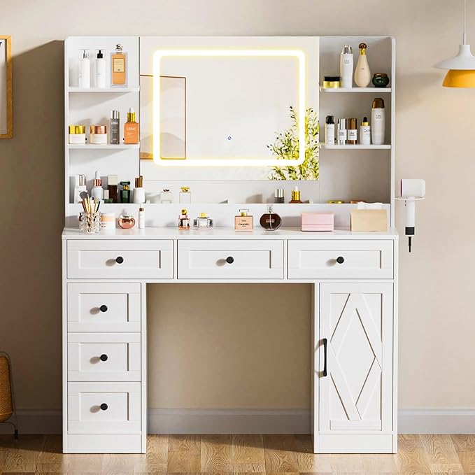COMHOMA Makeup Vanity Desk with Mirror and Lights, Large Vanity Table with 6 Drawers & 1 Storage Cabinet, White Bedroom Dressing Table for Girls, 3 Color Modes Adjustable Mirror, White