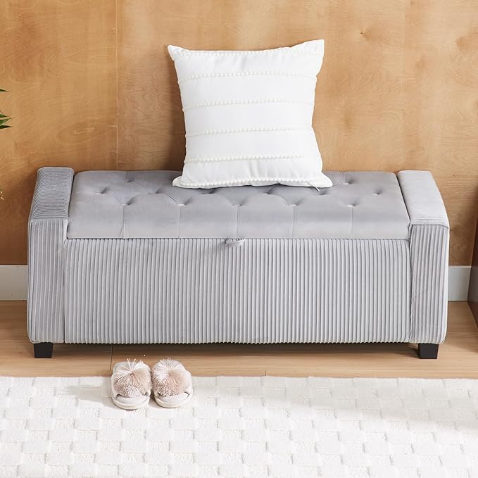 Storage Ottoman Bench, Bench for Bedroom End of Bed, Ottoman with Storage for Living Room and Entryway (Velvet Light Grey)