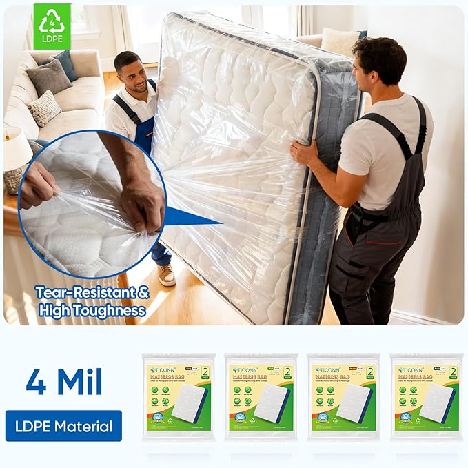 TICONN 1PK Plastic Mattress Bag for Moving Storage, Waterproof Mattress Protector Cover, Heavy-Duty Mattress Moving Supplies (4 mil, Queen)