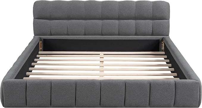 Merax Modern Tufted Platform Bed Queen Linen Floor Bed Frame with Headboard No Box Spring Needed Gray