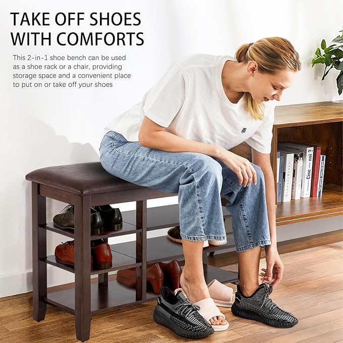 PY HOME & SPORTS Shoe Rack for Entryway 31.5": 3-Tier Shoe Storage Bench,Adjustable/Removable Shelves, Rubberwood Shoe Benches for Hallway, Porch, Bathroom, Brown