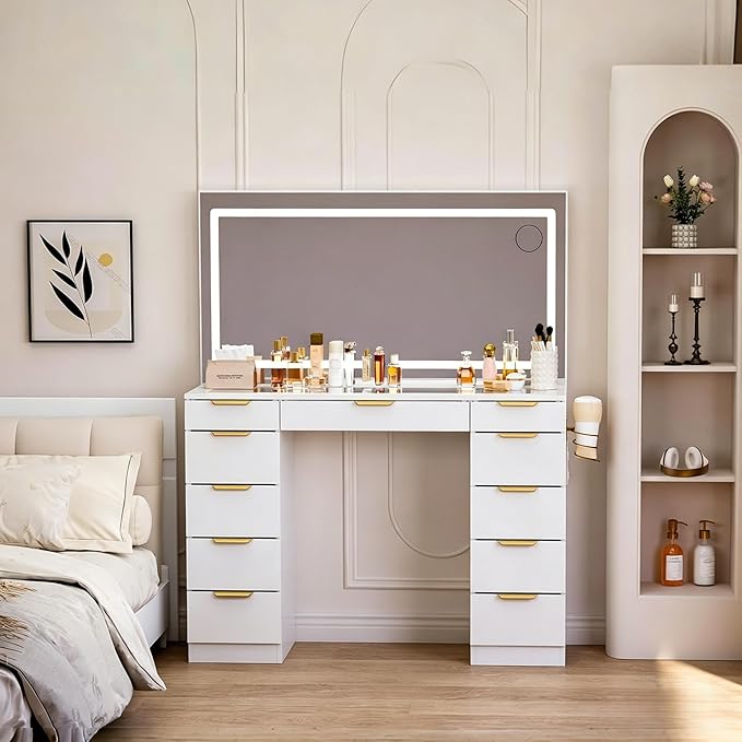 Pamapic Glass Top Vanity Desk with LED Lighted Mirror, 11 Drawers Vanity Desk with Charging Station, 3 Lighting Modes Dressing Table, Golden Handles, Makeup Table, White