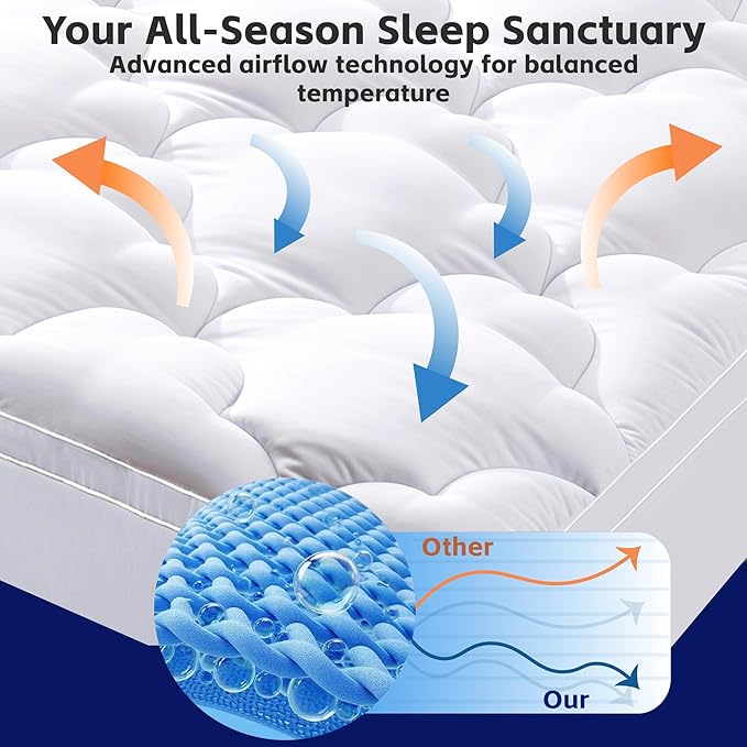 2 Inch Mattress Topper Queen Size Breathable Filled Soft Fluffy Supportive for Back Pain Relief, Bed Mattress Pad Pillow Topper with Extra Thick Padded Protector for 8"-21" Deep Pocket