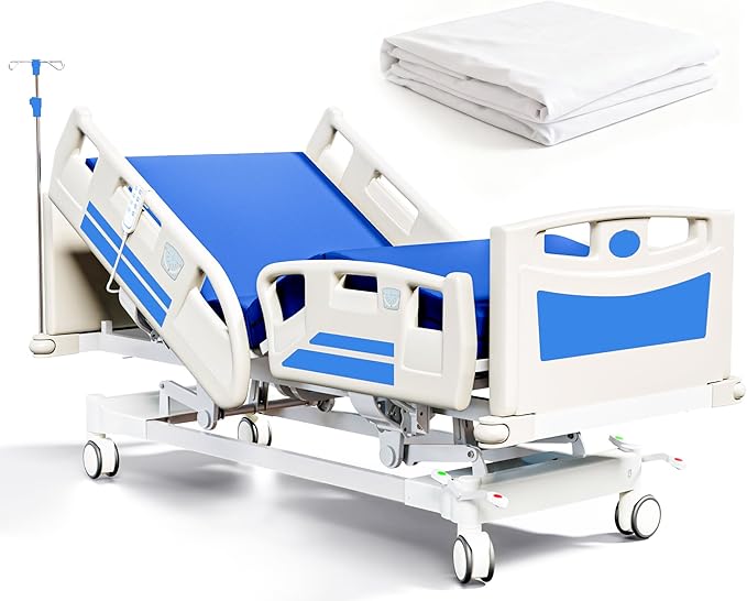 Premium Full Electric Hospital Bed for Home Use, 5 Function Medical Bed with 4.7” Foam Mattress, Height Adjustable, Central Locking System, Includes Sheets (2X) (5 Function Pro)