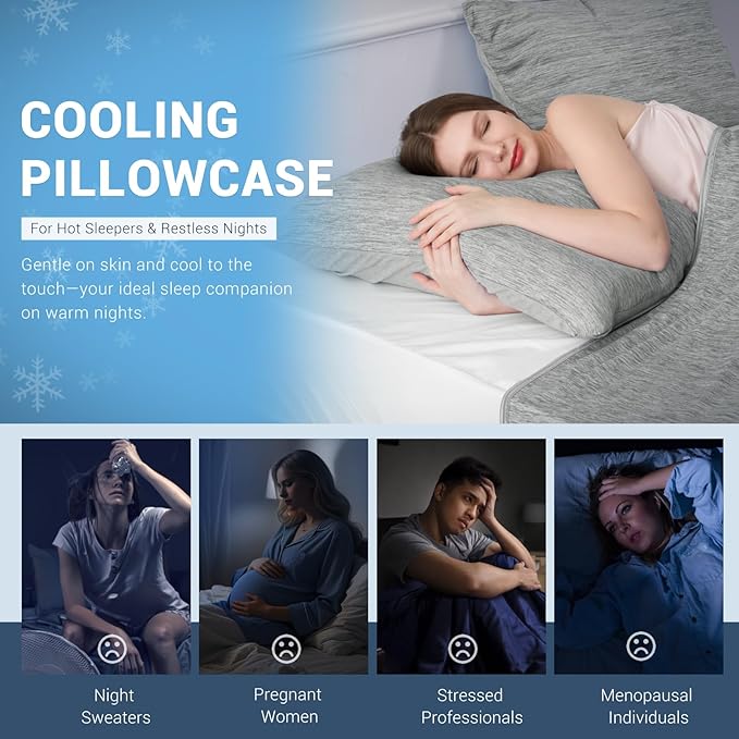 Elegear Cooling Pillow Cases for Hot Sleepers, Japanese Q-Max 0.5 Cooling Pillowcases, Both Sides(Cooling/Cotton), Breathable Soft Pillowcase for Hair and Skin, Set of 2-Gray (Standard (20" x 26"))