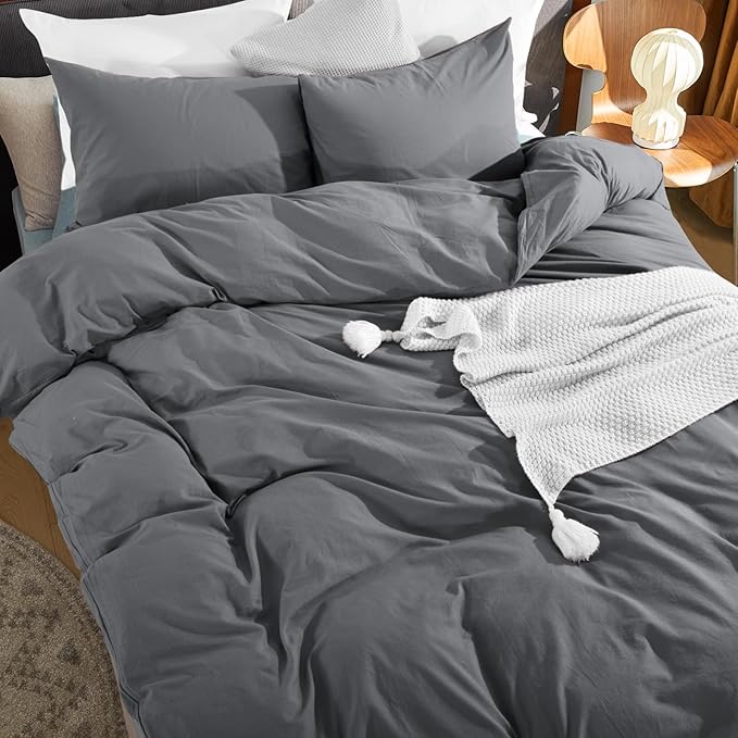 NEXHOME PRO Cotton Duvet Cover Queen Size Linen Look Textured Organic Natural 100% Washed Cotton Duvet Cover 3 Pieces Bedding Set with Zipper Closure, Breathable, Soft, Grey (No Comforter)