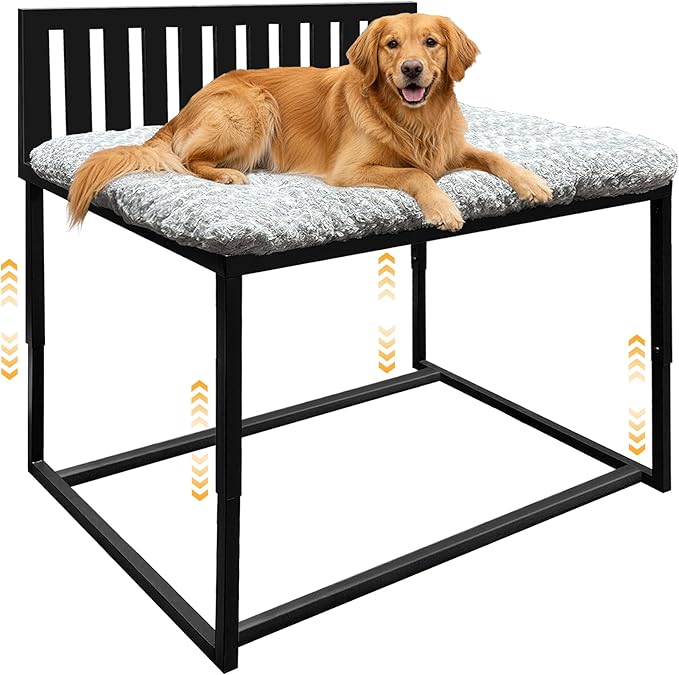Heavy Duty Dog Bunk Bed, Adjustable Height Metal Dog Bed Frame with Wooden Side Panels & Washable Cushions, Elevated Raised Pet Bed for Large Dogs, 48.5''x 30.5''