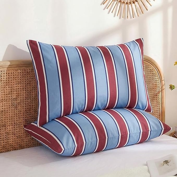 Merryword Burgundy and Blue Striped Pillowcases, 100% Cotton Pillow Cases, Standard Size Pillowcases, Luxury Linen Like Pillowcase, Soft Breathable Stripe Pillow Covers, Set of 2