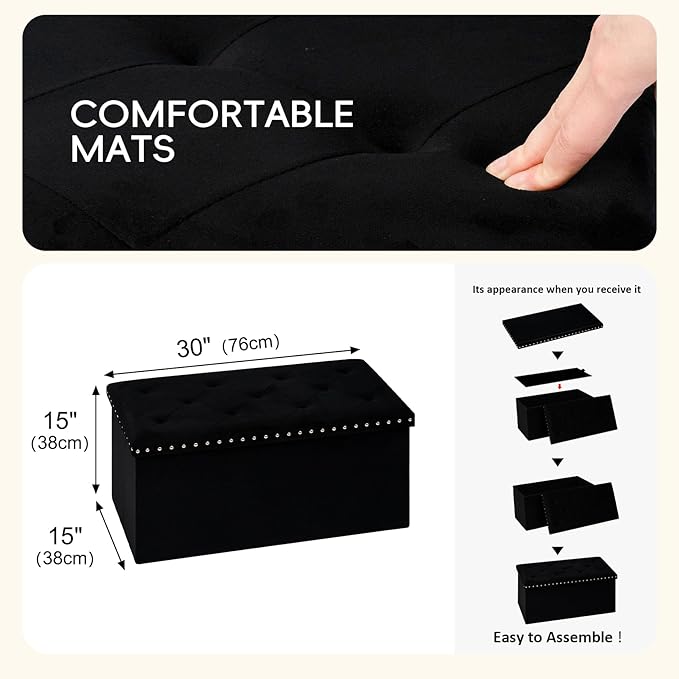 PINPLUS Velvet Storage Ottoman Bench with Foot Rest, Large Long Folding Shoes Stool, Sturdy Space-Saving Furniture for Bedroom Living Room, Black, 30"x15"x15"