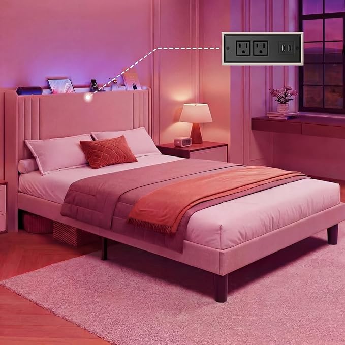 Gizoon Full Bed Frame with Charging Station and LED Lights,Upholstered Wingback Platform Bed with Wooden Slats,Noise-Free,No Box Spring Needed