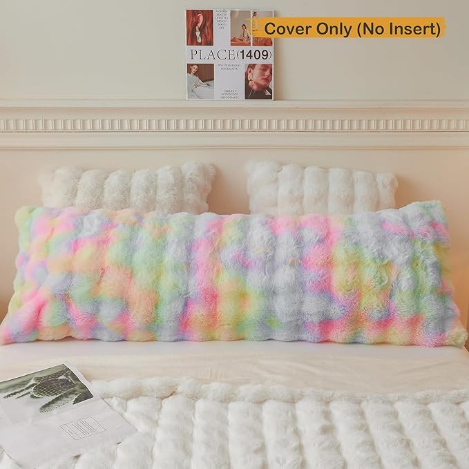 LIFEREVO Fluffy Faux Rabbit Fur Body Pillow Cover, Cozy Tie Dye Bubble Shaggy Plush Bed Body Pillowcase with Zipper Closure, Long 20"x54" Fuzzy Furry Pillow Case for Bedroom Home Decoration, Rainbow