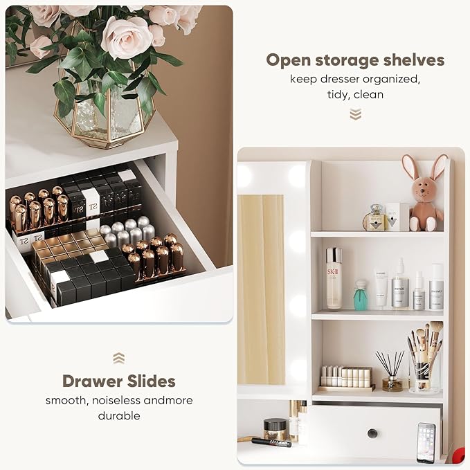 DUMOS Vanity Desk Makeup with Mirror LED Lights, Table with Power Outlet 2 Drawer, 4 Storage Shelves Cabinet & 3 Lighting Mode Adjustable Brightness, Dressing Tables for Bedroom, White