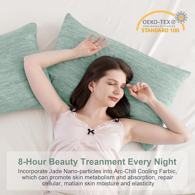 Elegear Cooling Pillow Cases for Hot Sleepers, Japanese Q-Max 0.5 Cooling Pillowcases, Both Sides[Cooling/Cotton], Breathable Soft Pillowcase for Hair and Skin, Set of 2-Green King (20" x 36")
