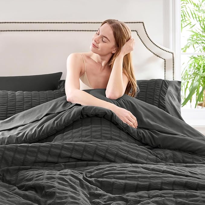 CozyLux California King Comforter Set with Sheets 7 Pieces, Dark Grey Seersucker Bed in a Bag Cal King Luxury Soft Bedding Sets with Down Alternative Comforter, Sheets, Pillowcases & Shams, Dark Gray
