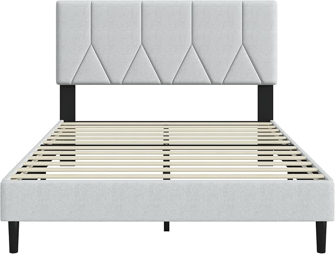 Full Bed Frame, Padded Platform Bed Frame with Fabric Headboard, Vertical Quilted Design, Sturdy Slatted Mattress Base, No Spring Mattress Required, Easy to Assemble, Light Gray
