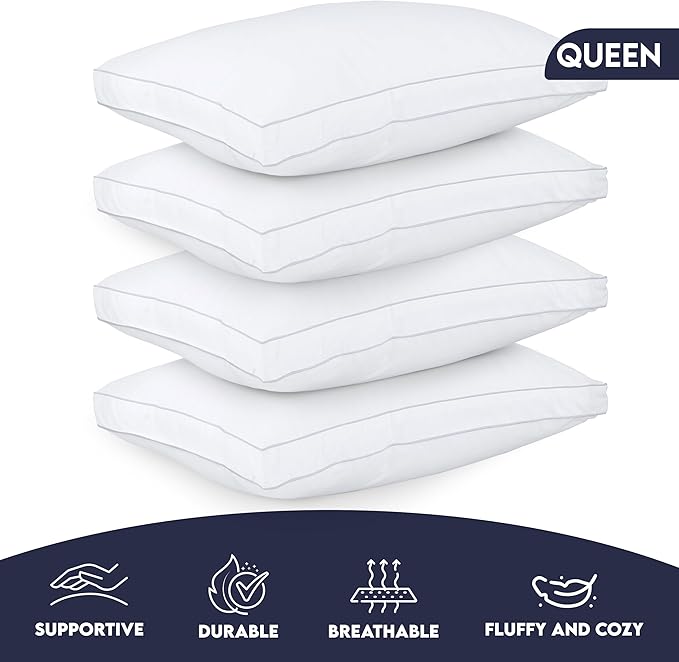 Utopia Bedding Bed Pillows for Sleeping Queen Size (White), Set of 4, Soft & Fluffy Pillow with Down Alternative Filling, Cooling, Hotel Quality, Gusseted Pillow for Back, Stomach or Side Sleepers