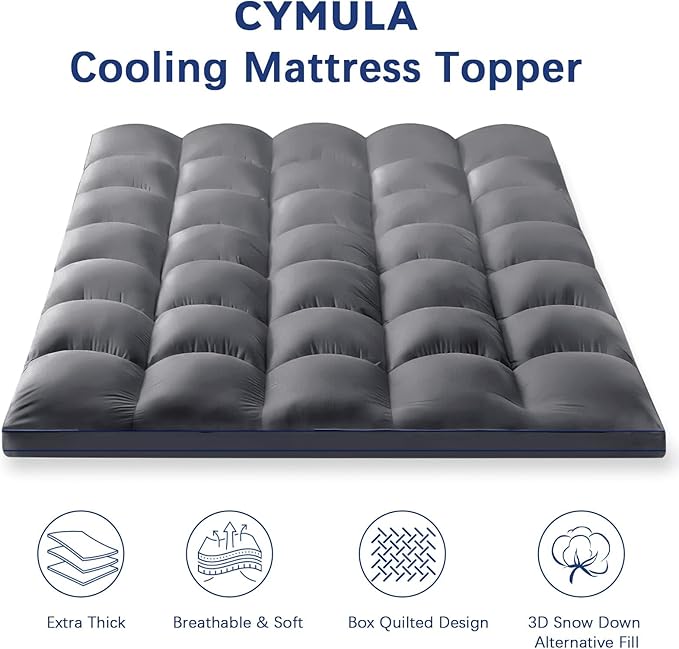 CYMULA Short Queen Mattress Pad, Cooling Bed Topper, Thick Pillow Top, Grey Plush Down Alternative Fill