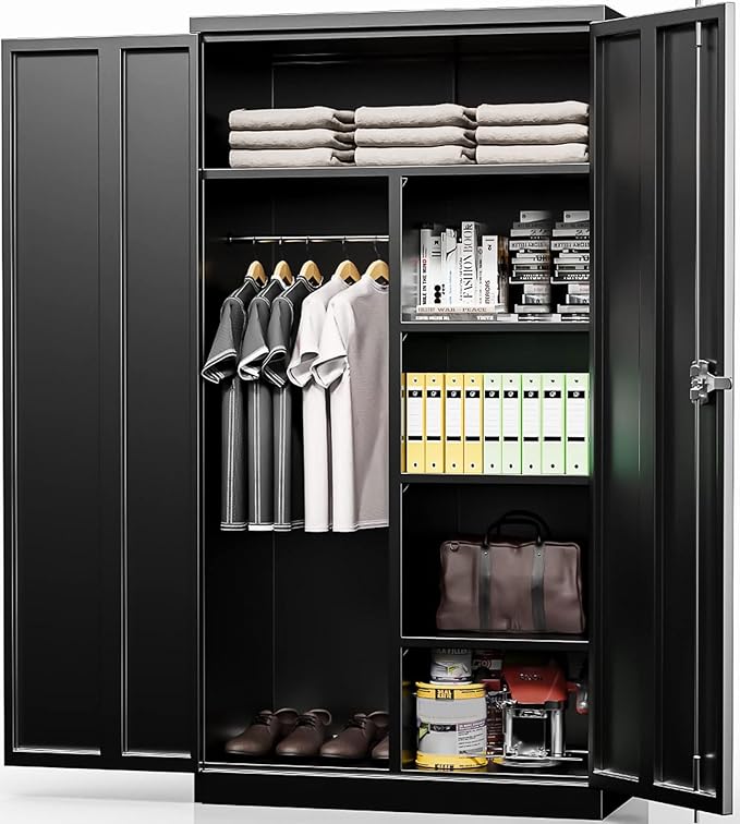 INTERGREAT Metal Wardrobe Cabinets with Lock, 72" Clothing Storage Cabinets with Hanging Rod and 4 Adjustable Shelves, Armoire Wardrobe for Office, School, Employee, Government (Black)