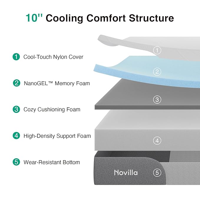 Novilla Bliss Cooling Twin Mattress 10 Inch, Gel-Infused Memory Foam Mattress Twin Size in a Box with Cool-Touch Nylon Cover, Motion Isolation & Ergonomic Support with CertiPUR-US Certified Foam
