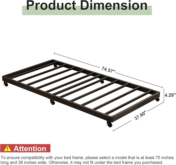 Lutown-Teen Twin Trundle Bed Frame with Metal Slats, Roll-Out Design, Easy Assembly Steel Frame with Lockable Wheels, Noiseless Pull Out Bed for Bedroom, Living Room or Guest Room, Black